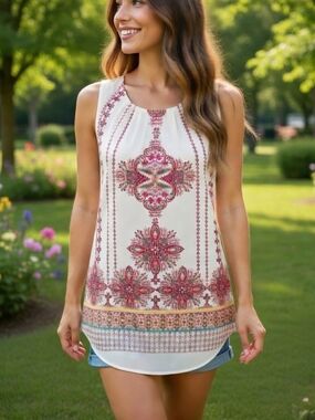 Rose & Olive Sleeveless Cream Tank Top with Pink Paisley Print Size S
